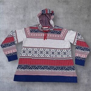 Orvis Sweater Womens L Nordic Fair Isle Hooded Pullover Knit Christmas Red Blue‎